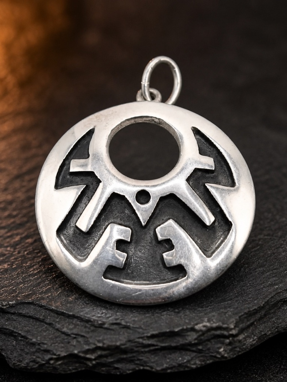 Vintage Taxco Mexico 925 Sterling Silver Black Patina Round Tribal Pendant